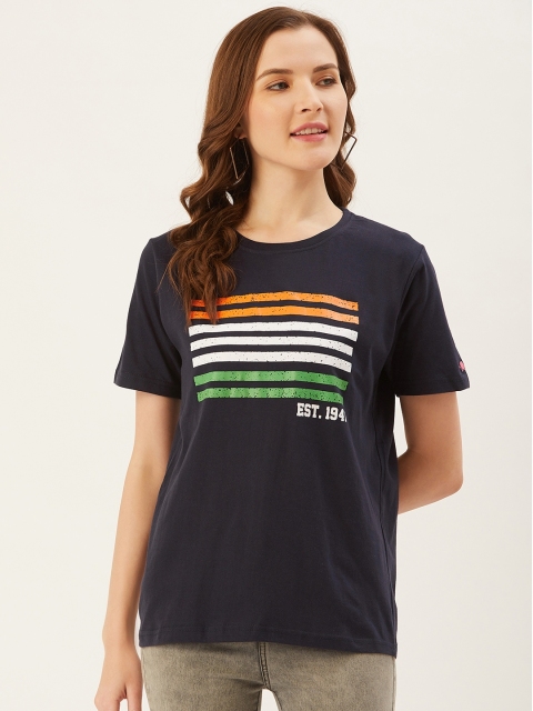 

PRINTOCTOPUS Women Navy Blue Orange Striped Detail Round Neck Pure Cotton T-shirt