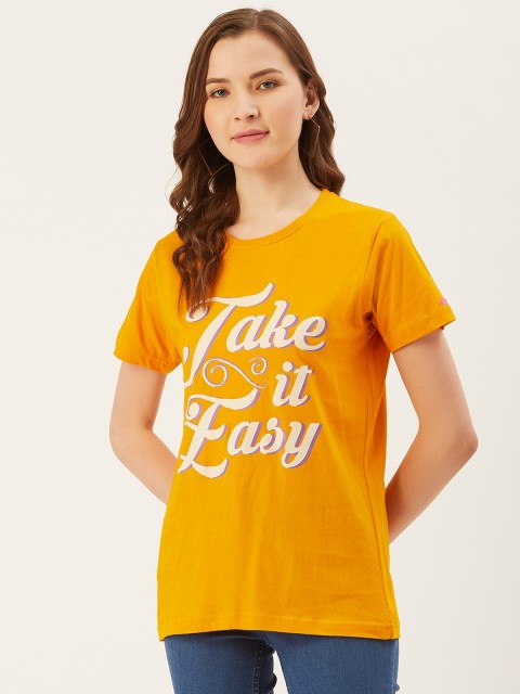 

PRINTOCTOPUS Women Mustard Yellow Off-White Printed Round Neck Pure Cotton T-shirt