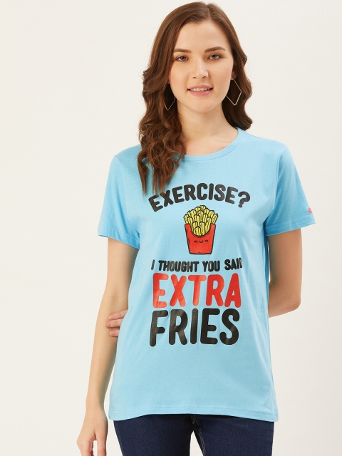 

PRINTOCTOPUS Women Blue Black Fries Printed Round Neck Pure Cotton T-shirt
