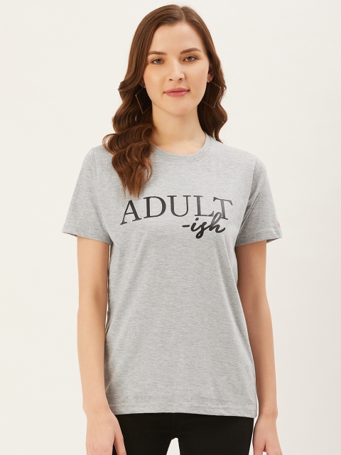 

PRINTOCTOPUS Women Grey Melange Black Printed Round Neck Pure Cotton T-shirt