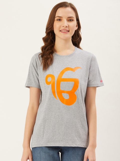 

PRINTOCTOPUS Women Grey Melange & Coral Orange Printed Round Neck T-shirt