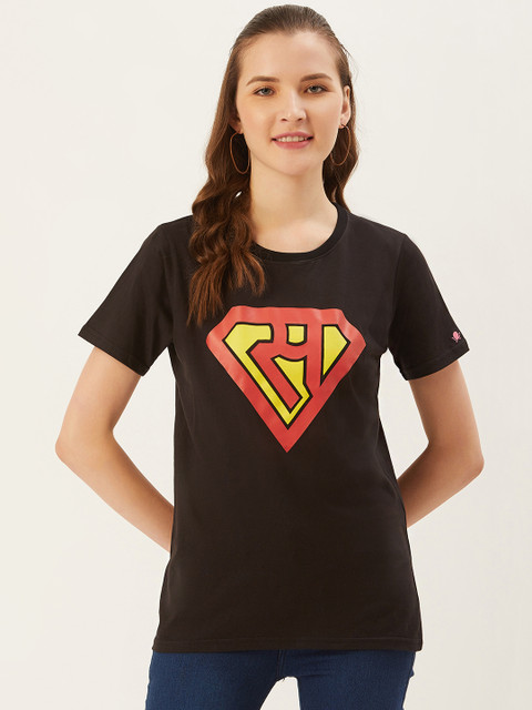 

PRINTOCTOPUS Women Black Red Superman Printed Round Neck Pure Cotton T-shirt