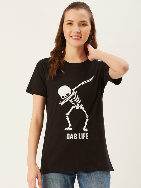 

PRINTOCTOPUS Women Black White Skeleton Printed Round Neck Pure Cotton T-shirt