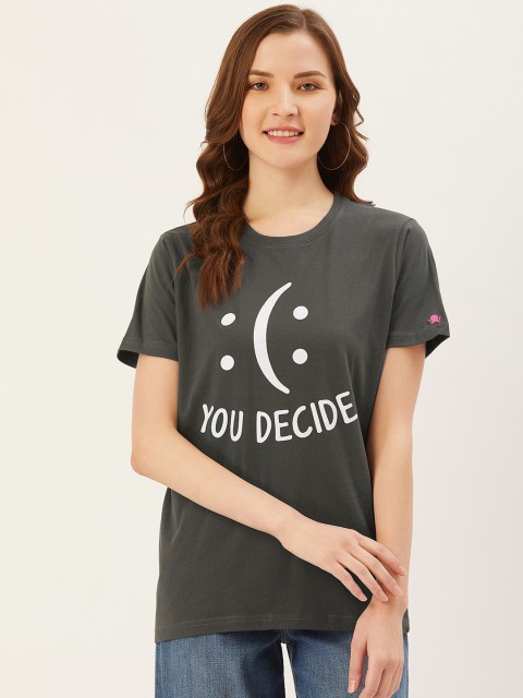 

PRINTOCTOPUS Women Charcoal Grey & White Printed Round Neck T-shirt