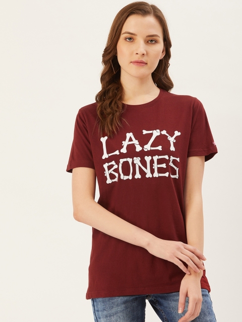 

PRINTOCTOPUS Women Burgundy & White Printed Round Neck T-shirt