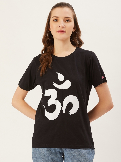 

PRINTOCTOPUS Women Black Charcoal Grey Om Print Round Neck Pure Cotton T-shirt