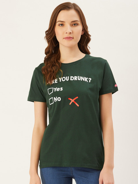 

PRINTOCTOPUS Women Green & White Printed Round Neck T-shirt