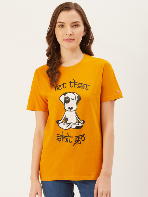 

PRINTOCTOPUS Women Mustard Yellow & White Printed Round Neck T-shirt