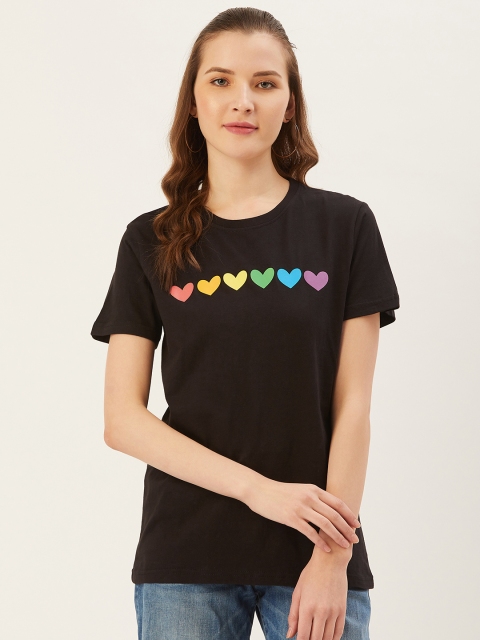 

PRINTOCTOPUS Women Black & Yellow Heart Print Round Neck T-shirt