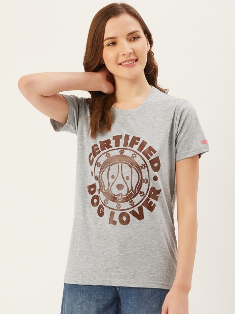 

PRINTOCTOPUS Women Grey Melange & Brown Printed Round Neck T-shirt