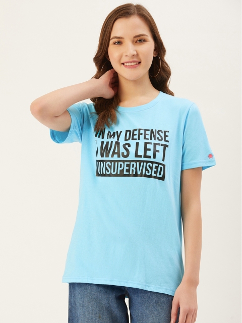 

PRINTOCTOPUS Women Blue & Black Printed Round Neck T-shirt