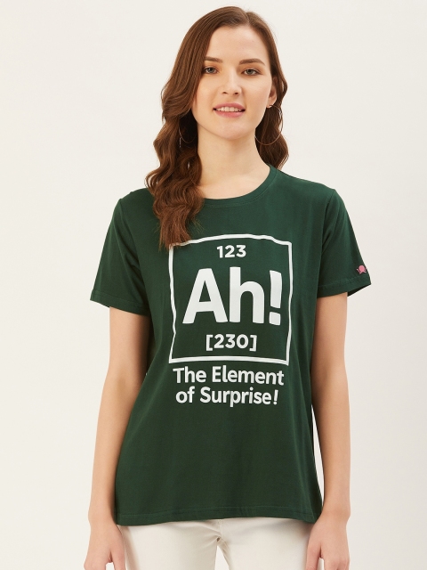 

PRINTOCTOPUS Women Green & White Printed Round Neck T-shirt
