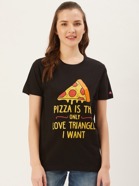 

PRINTOCTOPUS Women Black & Yellow Printed Round Neck T-shirt