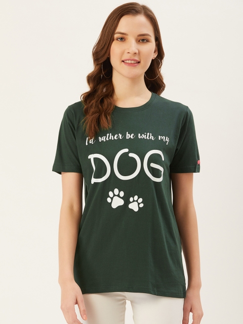 

PRINTOCTOPUS Women Green White Printed Round Neck Pure Cotton T-shirt