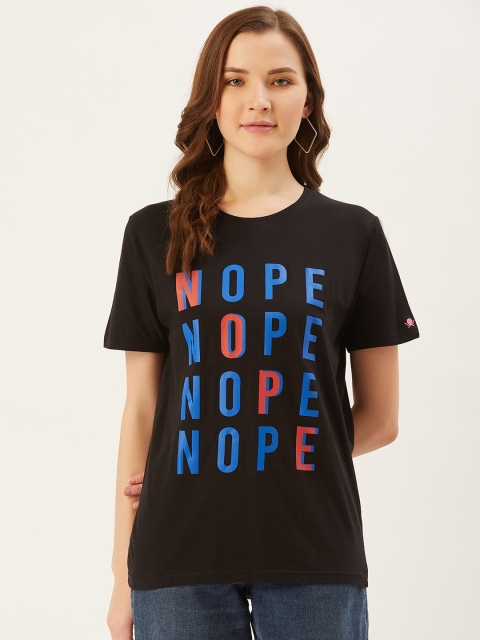 

PRINTOCTOPUS Women Black Blue Printed Round Neck Pure Cotton T-shirt