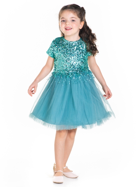 

Cherry Crumble Girls Green Net Sequinned Fit & Flare Dress with Alligator Hairclip