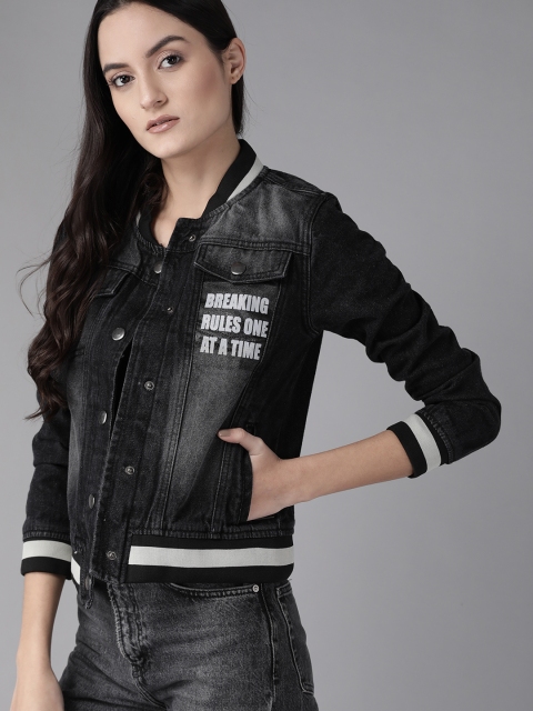 

Roadster Women Black Solid Pure Cotton Denim Bomber Jacket