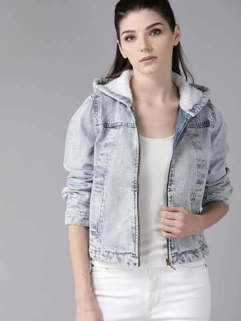 

Roadster Women Blue Solid Hooded Pure Cotton Denim Jacket