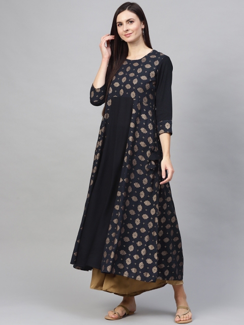 

See Designs Women Navy Blue & Golden Printed A-Line Kurta