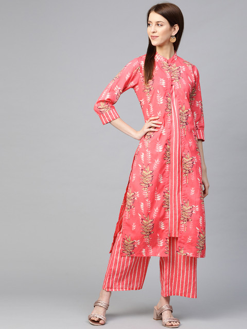 

See Designs Women Pink & Off-White Printed Kurta with Palazzos & Ethnic Jacket