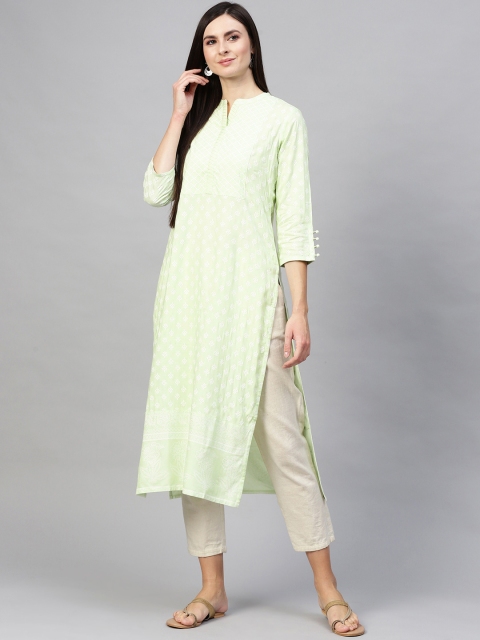 

See Designs Women Sea Green & White Printed Straight Kurta