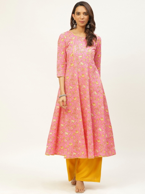 

FABRIC FITOOR Women Pink & Yellow Floral Printed Anarkali Kurta