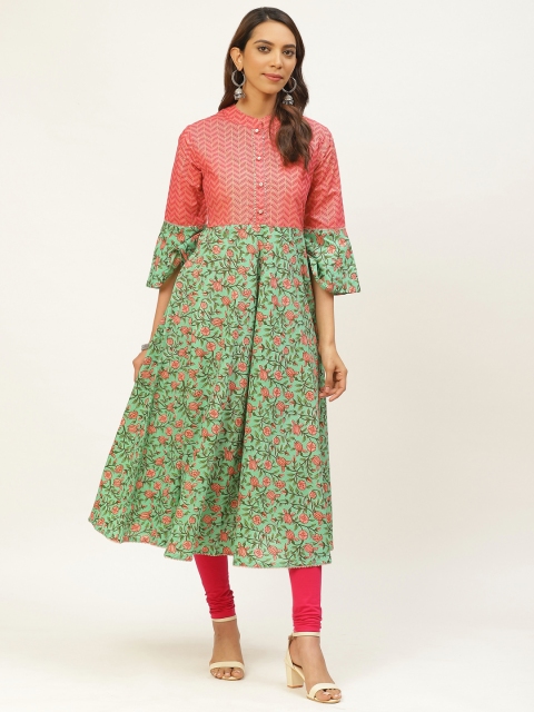 

FABRIC FITOOR Women Green & Pink Floral Printed Anarkali Kurta
