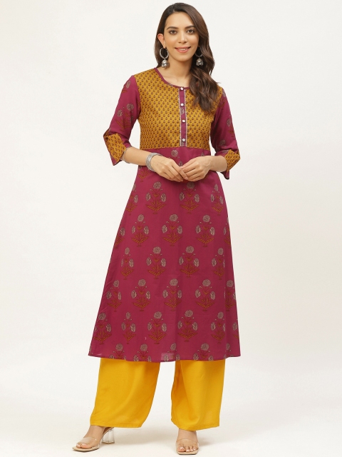 

FABRIC FITOOR Women Magenta & Mustard Brown Floral Printed A-Line Kurta