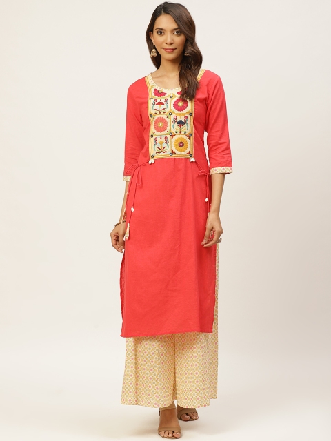 

FABRIC FITOOR Women Coral Red & Beige Printed Kurta with Palazzos