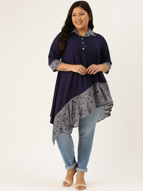 

Revolution Women Plus Size Navy & White Leaf Print Detail Longline A-Line Top, Navy blue