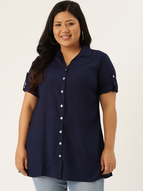 

Revolution Women Navy Blue Regular Fit Solid Plus Size Longline Casual Shirt