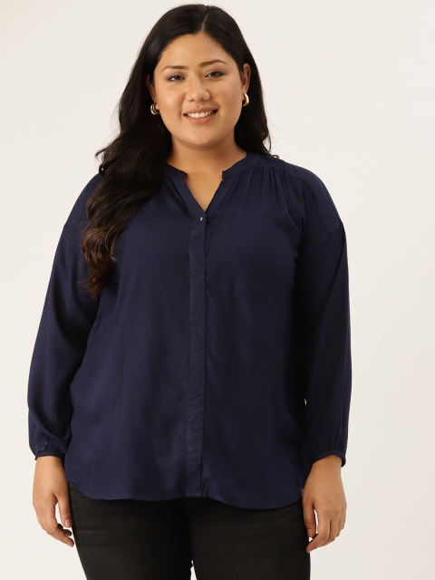 

Revolution Women Navy Blue Solid Plus Size Smocked Back High Low Top with Pleated Detail