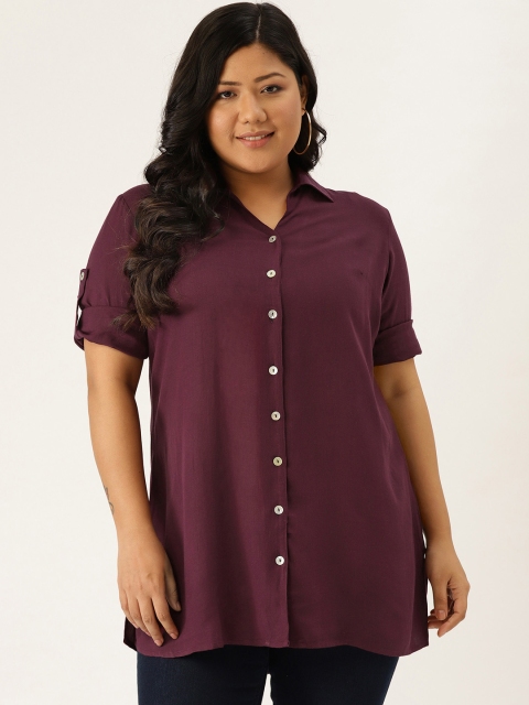 

Revolution Women Burgundy Regular Fit Solid Plus Size Longline Casual Shirt, Purple