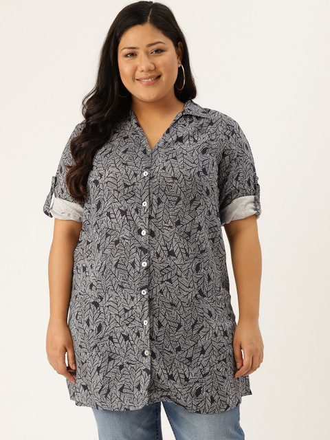 

Revolution Women Navy Blue & White Regular Fit Printed Plus Size Longline Casual Shirt