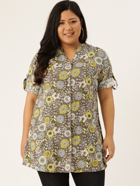 

Revolution Women Olive Green & Yellow Regular Fit Printed Plus Size Longline Casual Shirt