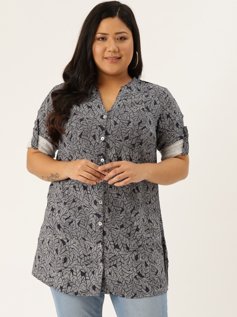 

Revolution Women Navy Blue & White Regular Fit Printed Plus Size Longline Casual Shirt