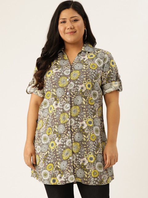 

Revolution Women Olive Green & Yellow Regular Fit Printed Plus Size Longline Casual Shirt