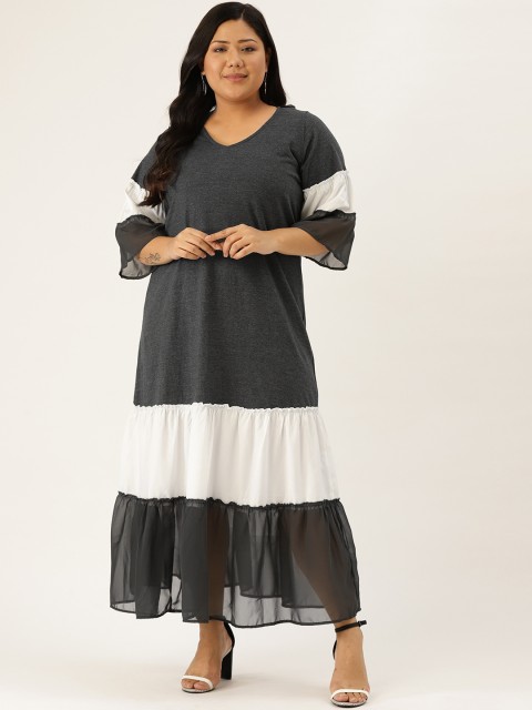 

Revolution Women Charcoal Grey & White Colourblocked Plus Size Tiered Maxi Dress