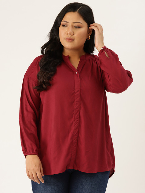 

Revolution Women Maroon Solid Plus Size Smocked Back High Low Top with Pleated Detail