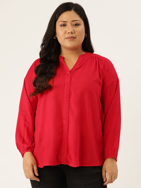 

Revolution Women Red Solid Plus Size Smocked Back High Low Top with Pleated Detail