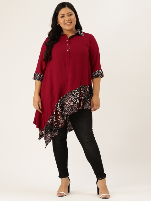 

Revolution Women Maroon & Black Floral Print Asymmetrical Hem Longline Plus Size Top