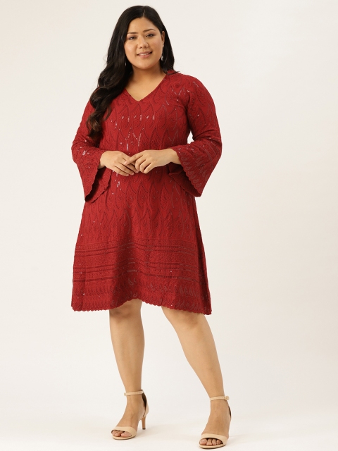 

Revolution Women Red Embroidered & Sequinned Plus Size Scalloped A-Line Dress