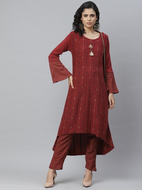 

Cayman Women Maroon & Beige Self Design Pure Wool Winter Kurta with Trousers