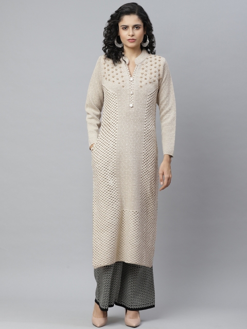 

Cayman Women Beige Woolen Woven Design Straight Winter Kurta