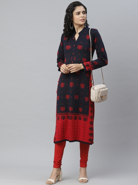 

Cayman Women Navy Blue & Red Woolen Woven Design Straight Winter Kurta