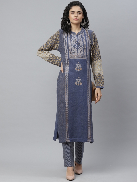 

Cayman Women Blue & Golden Ethnic Printed Pure Wool Winter Kurta with Trousers