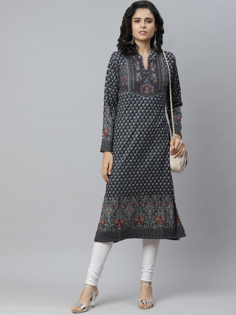

Cayman Women Charcoal Grey & Blue Woollen Woven Design Straight Winter Kurta
