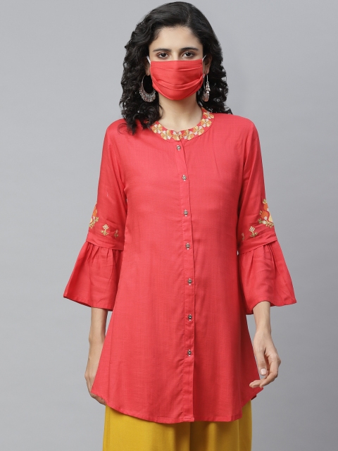 

Cayman Women Coral Red Embroidered Pure Cotton Detail A-Line Kurti Solid Pure Cotton With Matching Mask