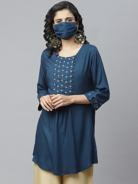 

Cayman Women Teal Blue Yoke Design Pure Cotton A-Line Kurti With Matching Mask