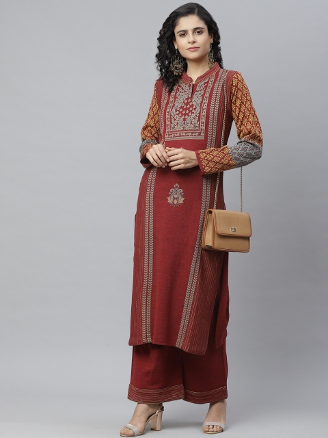 

Cayman Women Maroon & Golden Self-Design Pure Wool Winter Kurta with Palazzos